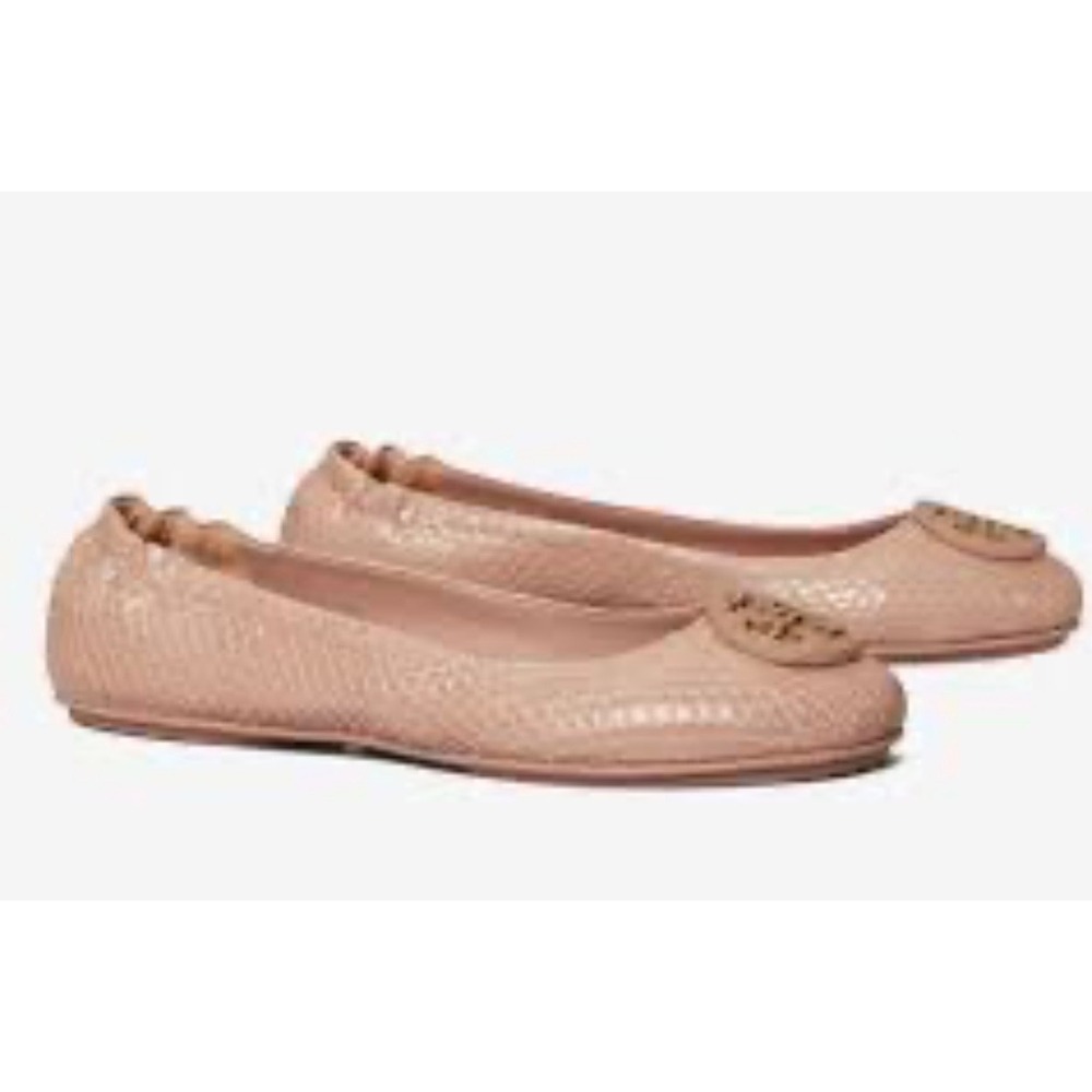 Tory Burch Minnie Travel Ballet Flats in a blush snake-embossed leather Size 9M